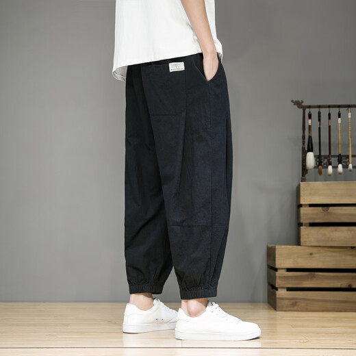 Pangpang Home Casual All-Match Pants Men's Summer Thin Large Size Loose Japanese Retro Wide Legs Ties Body Carrot Harem Pants Black 4xl 170-190Jin [Jin equals 0.5 kg]