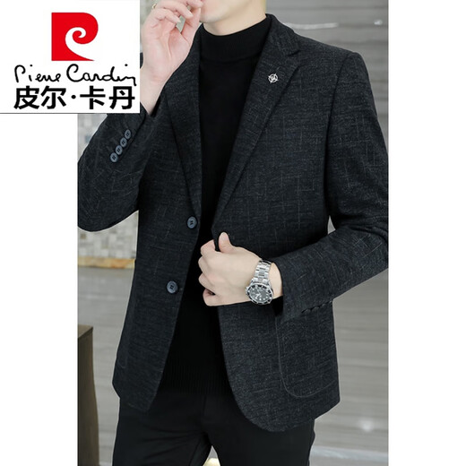 Pierre Cardin small blazer men's business casual tops high-end brand woolen striped suit commuting drape single suit black dark pattern 6001-1 2XL 185 recommended 150-165Jin Jin equals 0.5 kg