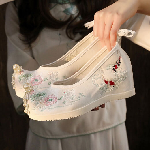 Mofu Hanfu Shoes for Female Students Ancient Style Embroidered Shoes for Women with Hanfu Inner Heightening Ancient Style Shoes Han Element Cloth Shoes Yun Bailian (6.6cm) Pearl White 37