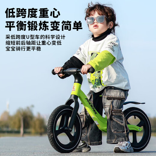 凤凰儿童平衡车滑步车宝宝无脚踏3-5-6岁两轮自行单车男女 亮绿色-升级礼包款 12寸