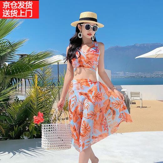 广月蓝2023泳衣女仙气比基尼bikini分体三件套保守显瘦遮肚性感温泉泳装 26001蓝色 XL （适合110-120斤）