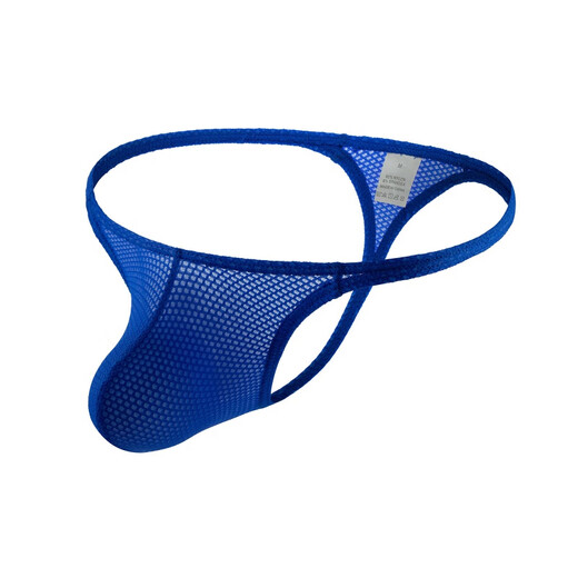 Men's sexy underwear low-waist thin belt mesh fluorescent color sexy thong gay underwear European size blue XL (74-84CM)