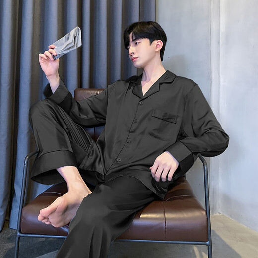 MISHIDE (MISHIDE) Mulberry Silk Men's High-end Silk Satin Pajamas Spring and Autumn Long Sleeve Thin Cold Satin Home Clothing [Ice Silk] S1289 Men 2XL
