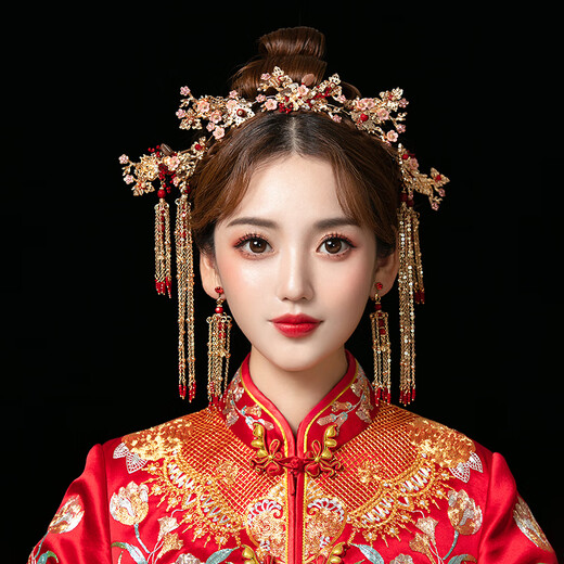Chi Xing Chinese style bride Xiuhe headdress phoenix crown grand Xiuhe dress red jewelry wedding crown hair accessories women set ear clip style