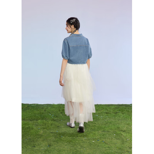 Zihan (ZIHAN) Zihan denim jacket suspender mesh dress suit women's summer top fairy skirt two-piece set off-white S