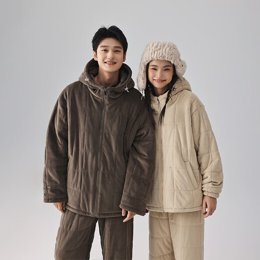Kissing Cat winter thickened couples quilted pajamas island velvet three-layer thickened men's suit home clothes can be worn outside 6463 Cream Apricot Women L