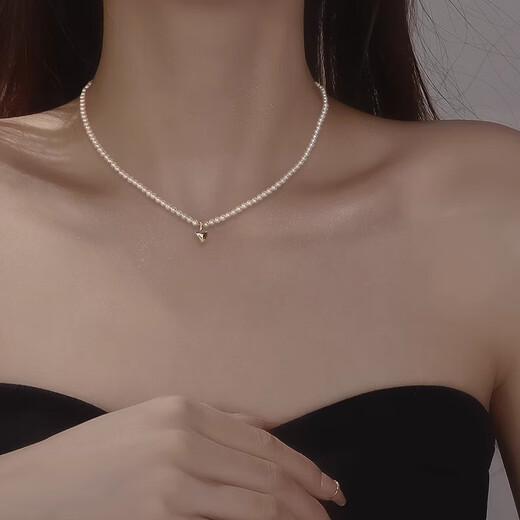 QMXD French Shijia Millet Bead Necklace Women's Light Luxury Artificial Pearl Clavicle Chain 2025 New Love Pendant Necklace Love Shijia Pearl Necklace
