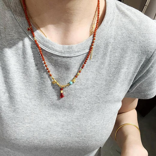 Ouyin Natural South Red Agate Necklace Millet Beads Clavicle Chain Sweater Chain Yellow God of Wealth Life Year Wealth Bracelet Chain Universal Chain South Red Necklace
