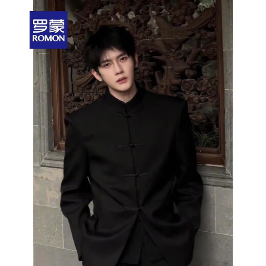 罗蒙（ROMON）新中式男装中国风黑色立领盘扣西装外套感订婚年轻人中山装西服 黑色 L 120-135斤