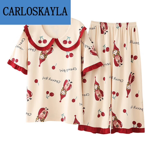 CARLOSKAYLA超加肥加260斤家居服睡衣特夏季棉短袖七分裤 浅绿色B9921 4XL (180-200斤内)