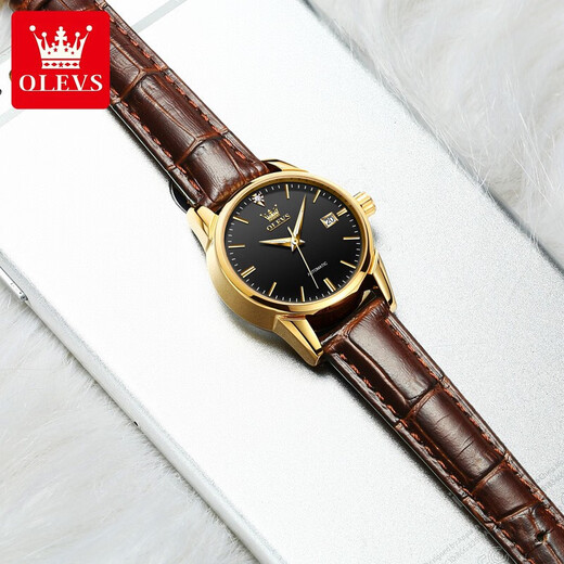 Olevs Swiss Certified Watch Mechanical Watch Totalmente automático Simple Women's Watch Small Birthday Gift For Girlfriend 6629 Femenina de cuero marrón Negro - grabado gratis