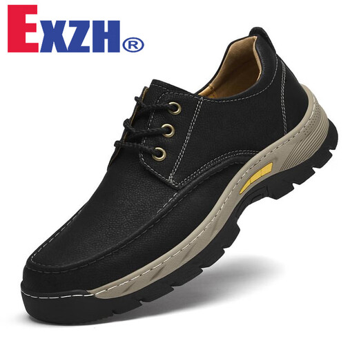 
EXZH brand 2024 new work shoes for men genuine leather thick sole round head non-slip outdoor casual big-head leather shoes men wide version 9715 black 39