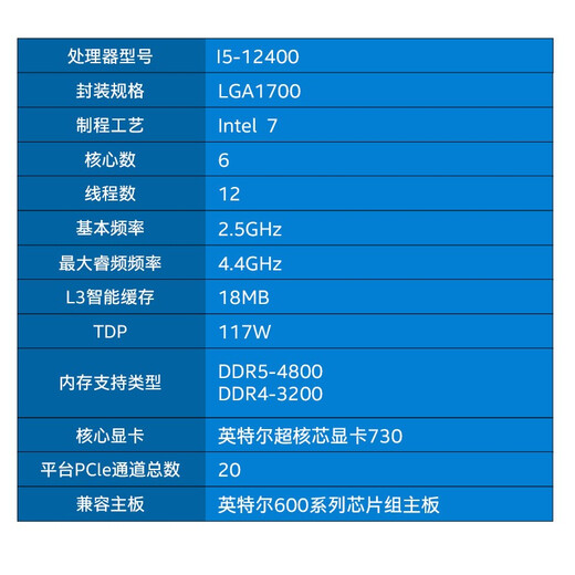 英特尔（Intel）12代酷睿CPU处理器 台式机处理器 盒装CPU 12代i5-12400 盒装【6核12线程】