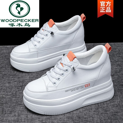 
Woodpecker women's shoes genuine leather inner height-enhancing women's shoes invisible and lightweight, small and versatile super hot white shoes 10 thick-soled sponge cake shoes all black 10CM [677 leather surface] 37