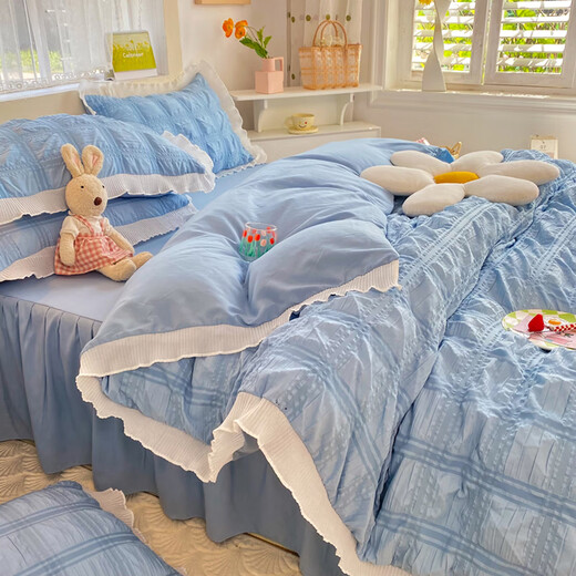 Southern bedding Korean bed four-piece set winter non-pure cotton full-cotton bed skirt sheet quilt cover cover bedding dormitory single three-piece bubble yarn checkered haze blue 1.8m bed skirt style [suitable for 180220 quilt]