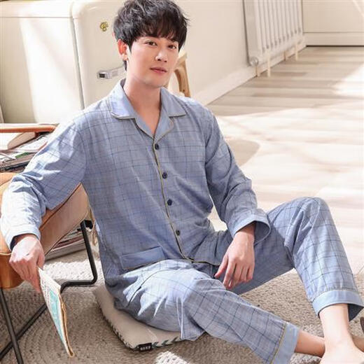 Hongdou official self-operated flagship store 100% pure cotton long-sleeved middle-aged and elderly pajamas for men in autumn and winter leisure, comfortable and loose 100% double-sided cotton N823 lake blue grid XL [130-150Jin [Jin equals 0.5 kg]]