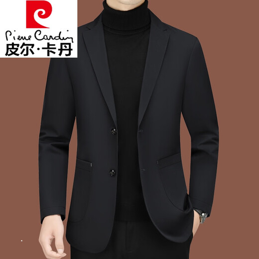 皮尔卡丹高档休闲西装男新款男士西服中年单西春秋外套修身爸爸上衣 黑色ZJ9889 190/3XL