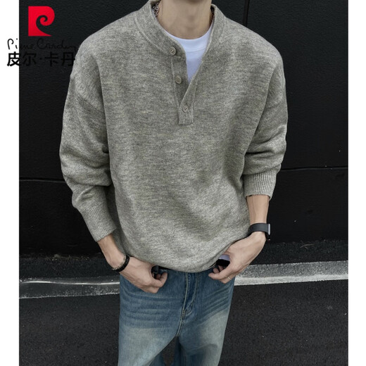 Pierre Cardin American Handsome Henley Collar Sweater Men's 2025 New Autumn and Winter Lazy Feeling Old Money Style Knitted Sweater Jacket Gray M