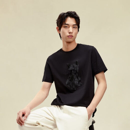 
Jack Jones (JACK/JONES) pure cotton top comfortable trendy chest embroidered fighting dog ribbed round neck short-sleeved T-shirt men's clothing 225101026