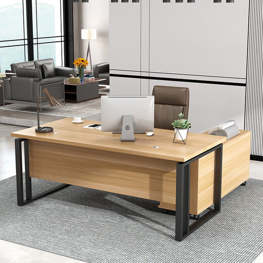 Yishangge Office Manager Desk Boss Desk Single Manager Computer Desk and Chair Combination Office Executive Desk Desk Office Furniture Black Legs + Oak Color After-Sales Guarantee 140*60 Single Table + Side Cabinet