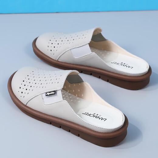 Женские тапочки на высоком каблуке из натуральной кожи, ленивые босоножки без каблука, на мягкой подошве, нескользящие, полые, универсальные, повседневные полутапочки.