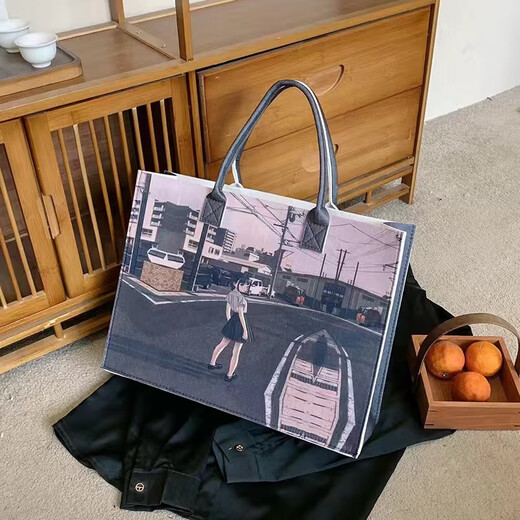Chinese style oil painting felt tote bag new handbag high-end large capacity printed commuter shopping bag ink painting large bag 40*30*12