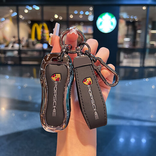 绅创适用保时捷钥匙套帕拉梅拉新能源卡宴911扣macan链718款taycan壳 锌合金【B款石墨黑】+皮绳款 全包保护