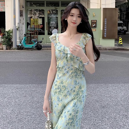 妙奕嘉法式碎花吊带连衣裙女纯欲裙子夏天新款显瘦收腰长裙气质沙滩裙 胸前交叉荷叶边吊带连衣裙 L 【建议120斤以内】