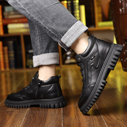 Sanlitai large-size cotton shoes winter plus velvet Martin boots men's wool short boots Northeast outdoor snow boots leather dad men's shoes 15867 black 40