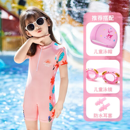 One-piece children's swimsuit for girls, middle and large children, quick-drying square-angle ocean bubble hot spring baby swimsuit set fox leaves (swimsuit + swimming cap + swimming goggles + ear and nose clip) 3XL (recommended height 130-145cm)