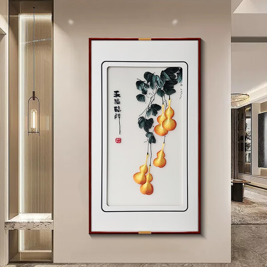 Zi Teng Suixuan Five Blessings Come to the Door Su Embroidery Finished Painting Entry Hall Decoration Painting Living Room Gourd Wall Painting Chinese Style Embroidery Mural Five Blessings Come to the Door (Default Brown) 70*123cm (Tempered Glass)