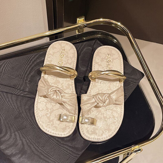 
Minsheng toe sandals flat-soled slippers for women wearing 2024 summer new fashionable casual beach shoes French fairy style beige [37]