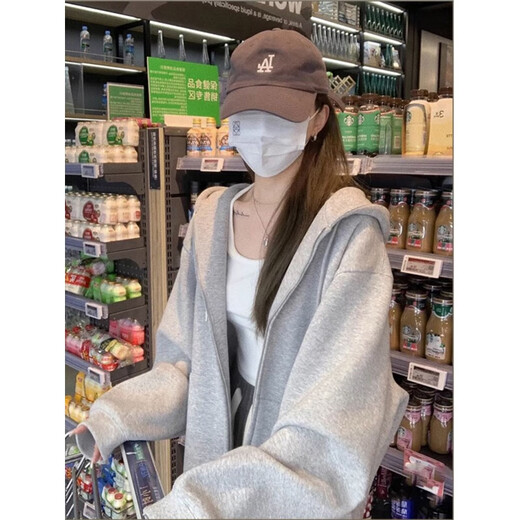 QGF cardigan sweatshirt women's spring and autumn new Korean style lazy style long-sleeved hooded jacket loose casual versatile top clothes light gray L