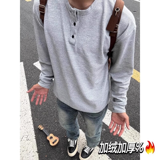 Jian Xingheng Schwarzer Amerikaner Henry Neck Langsamtes T-Shirt Herren Spring Waffel Sweatshirt plus Samt verdickte innere Basishemd Winter Black plus Samt 1381 [hohe Qualität] XL empfohlen 120-140jin [Jin gleich 0,5 kg]