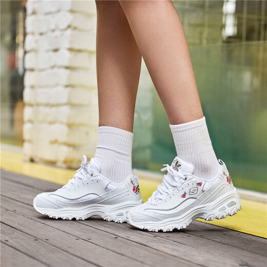 Skecher white dad shoes women's summer white shoes couple's flagship panda shoes outdoor casual sneakers women [flower style] 11977-WHT 35