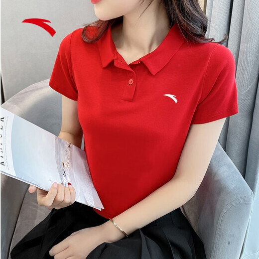 安踏短袖t恤女士2022夏季新款宽松透气翻领polo衫跑步健身轻薄冰丝速干衣户外半袖体恤休闲运动服装 -4A14066经典红 XS/155