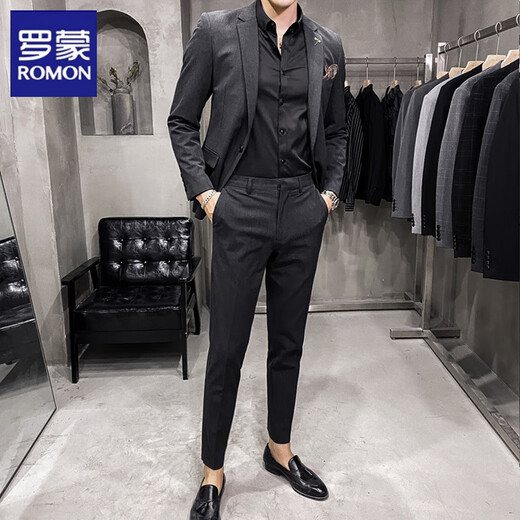 Luo Meng Summer Thin Handsome Striped Small Suit Men's Suit Korean Slim Casual Suit Jacket Groom Wedding Dress Striped Dark Gray One Piece Suit S