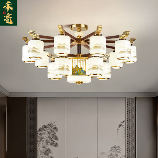 Heliang nuevas lámparas de sala de estar de lámparas chinas, todas las maderas de cobre sólida, faros delanteros de construcción de dúplex de alta gama, comedor, estilo chino 9906 Qianlijiangshan-Copper+Wood+Iron+Jade-10 Heads