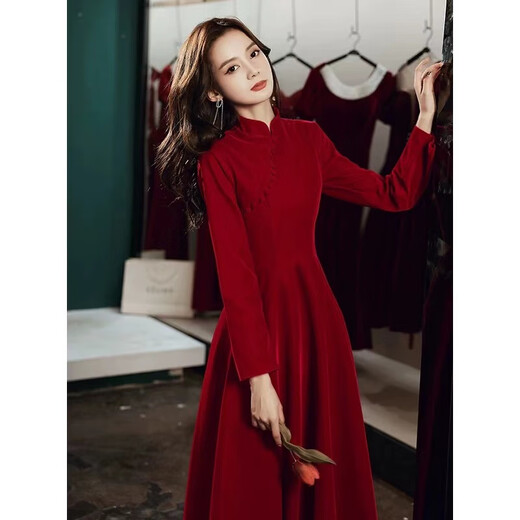 Seidler Chinese Cheongsam Toast Wear 2025 New Bridal Autumn and Winter Burgundy Long Sleeve Velvet Long Wedding Dress for Women Burgundy M (Recommended 96-105 Jin Jin equals 0.5 kg)