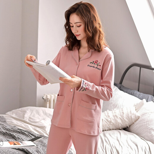 
YOUTINGFEI pajamas for women in spring and autumn pure cotton long sleeve thin loose cotton home clothes for women in autumn large size set for outside wear YD-829 pink XL (height 160-170 weight 125-140)