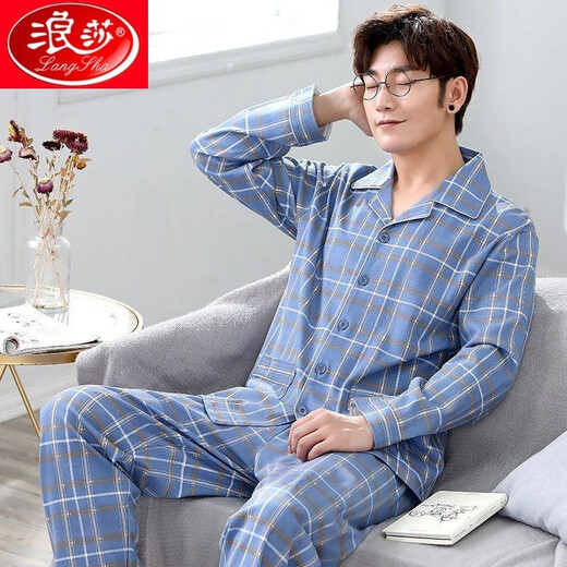 浪莎（LangSha）睡衣男100纯棉长袖加大码200斤春秋款青少年中老年人家居服套装秋 838主图款 5XL码数