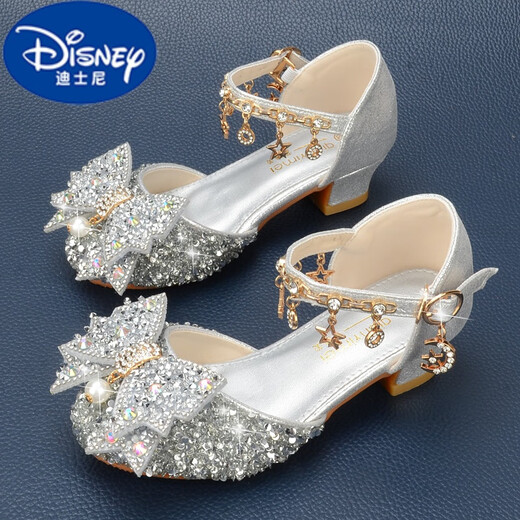 迪士尼（DISNEY）女童银色公主鞋包头蝴蝶结小女孩水晶鞋水钻软底礼服裙儿童高跟鞋 银色 9921-7小跟 30 /鞋内长18.8cm
