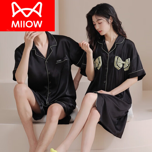 猫人（MiiOW）情侣睡衣夏季薄冰感睡裙新款短袖一男一女春秋款仿真丝家居服套装 L6210情侣裙套 均码 男L+女XL