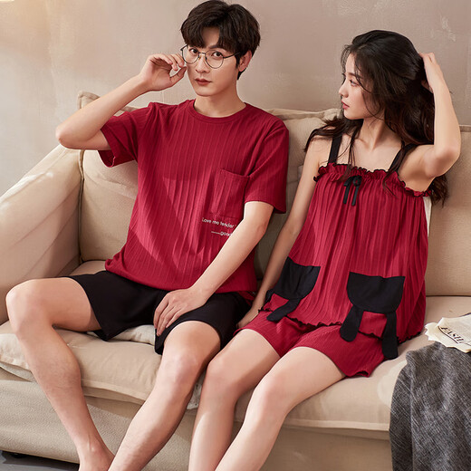 诗静雅 情侣睡衣女夏季纯棉薄款短袖家居服夏天时尚红色本命年结婚套装 CXH 12138吊带情侣 M -女款