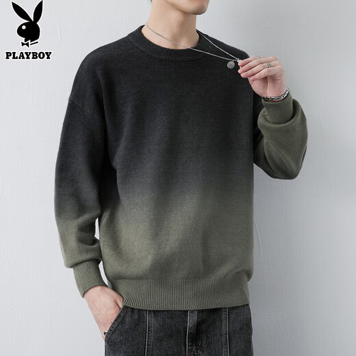 花花公子（PLAYBOY）毛衣男圆领秋冬季针织衫男士外套线衣男装打底衫 上灰下绿 XL 