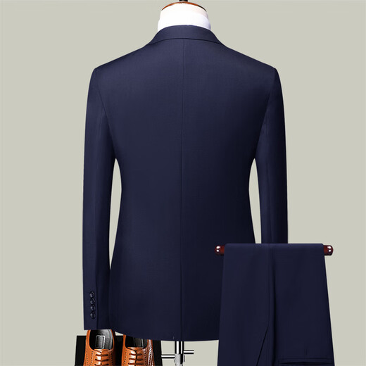 ROMON suit men's business slim formal dress groomsmen suit groom suit single button suit navy blue XL