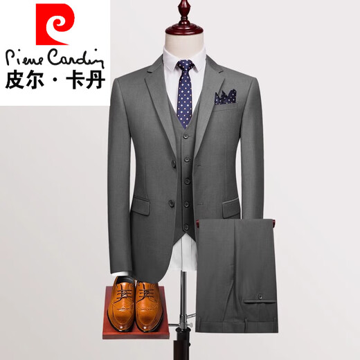 Pierre Cardin suit suit men's slim business formal work suit professional groomsman suit groom wedding dress autumn knitted 1 set double-button gentleman gray top + trousers + lining 170/M