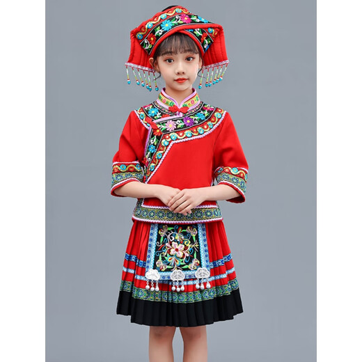 Yao Future Zhuang Clothing New March 3 Guangxi Zhuang Children's Clothing Performance Clothing 56 Yao Qiang Boys and Girls 9871 Blue Girl Set (including Hat) 110cm