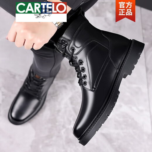 Cartelo Herren Schafwool Lint Schuhe echtes Leder Pure Cowhide Lederschuhe Winter warm und Samt mittleren Martin-Schneestiefel Lederstiefel 3518 [schwarzer Wolle flacher Sohle] 41