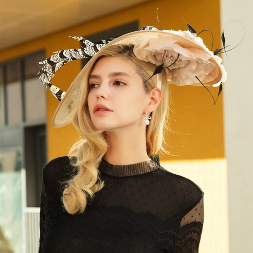 EE Британская мода льняной цилиндр с большими полями Элегантная банкетная шляпа с перьями Женская (недоступна) Шампанское без ограничений по размеру головы